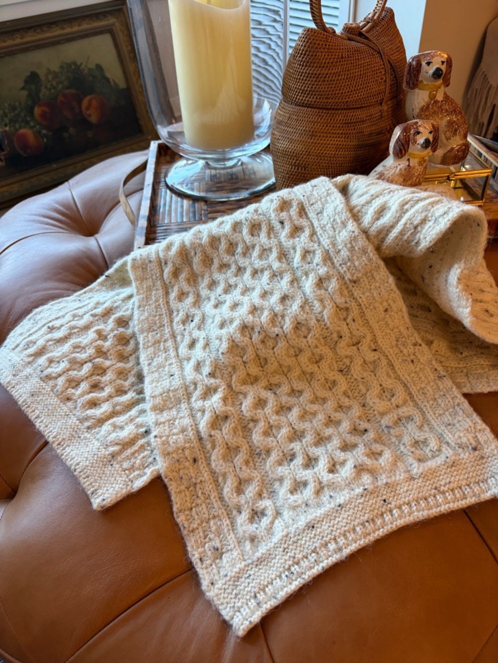 Aran Crafts Handknit Cream Cable Knit Scarf Wrap. 58” x 10”